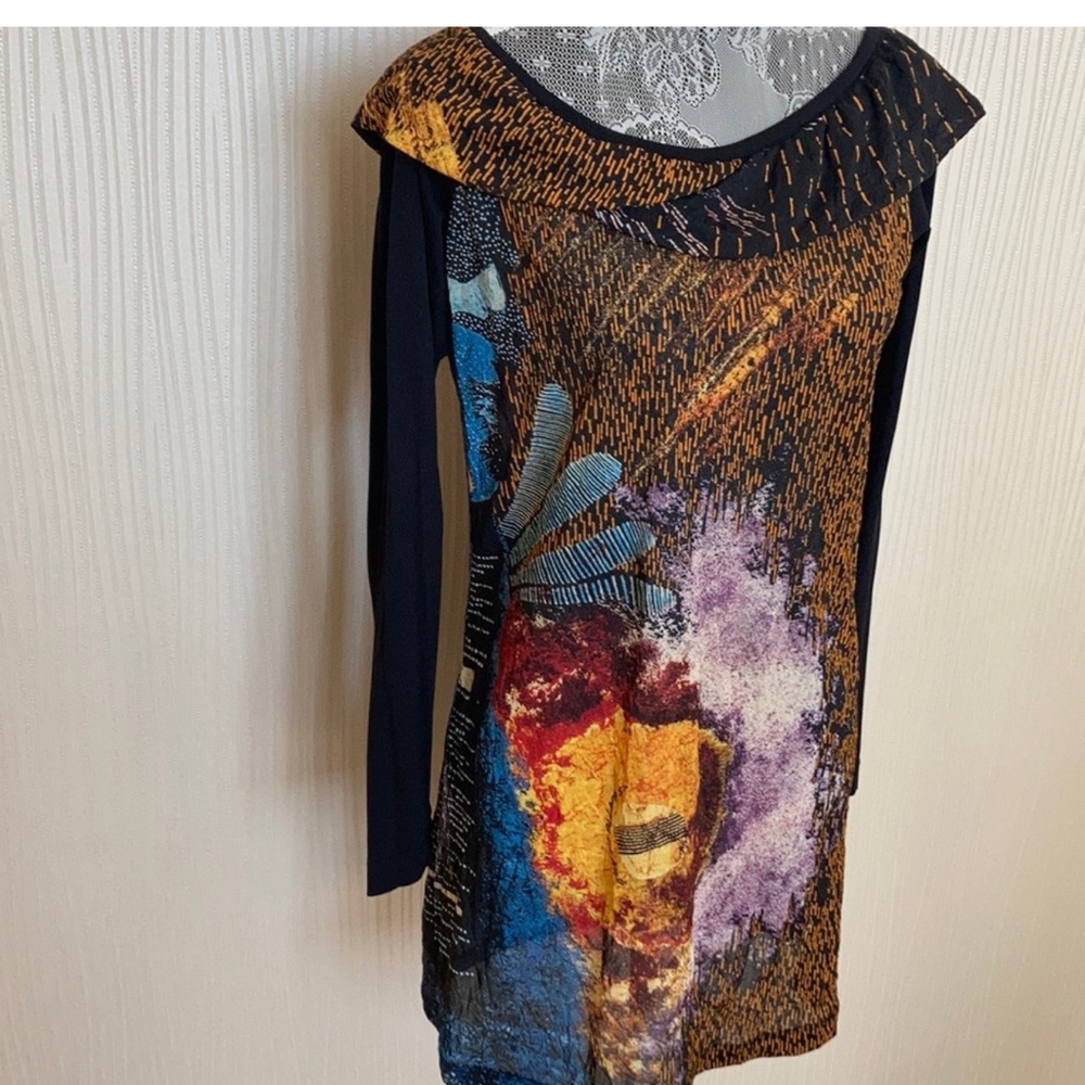 Abstract Printed Long Sleeve Tunic Dress in Black, Gold, Blue, Purple
